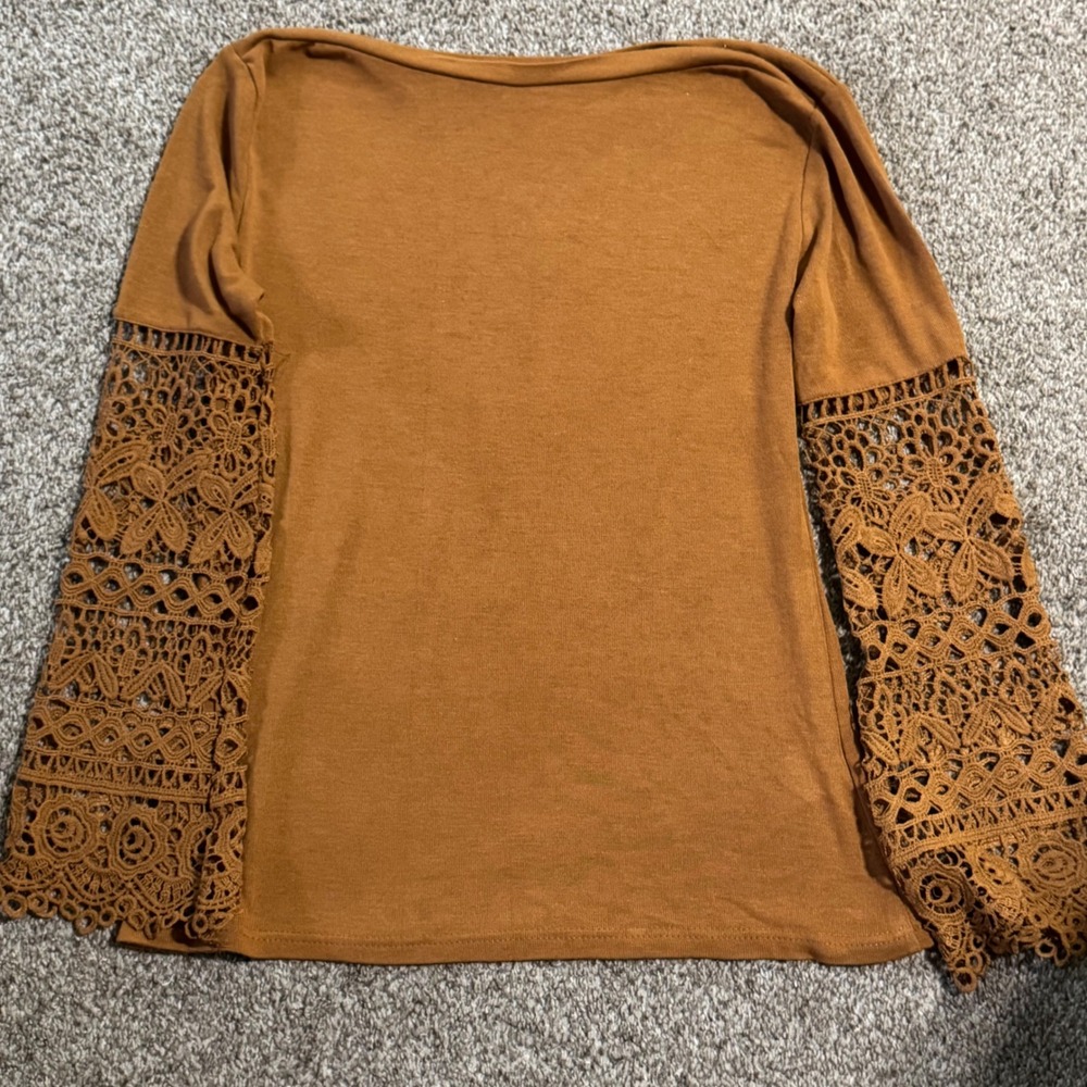 Womens Brown Crochet Lace Long Sleeve Boat Neck Top Size M
